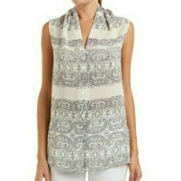 CAbi Scrollwork Scroll Print Tunic Blouse Top Ivory & Black Sleeveless - Picture 1 of 6